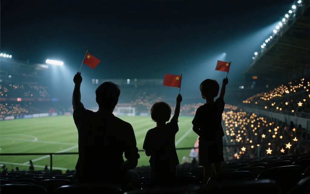 夜晚球场内的家庭剪影与灯光，孩子举着小旗，充满仪式感