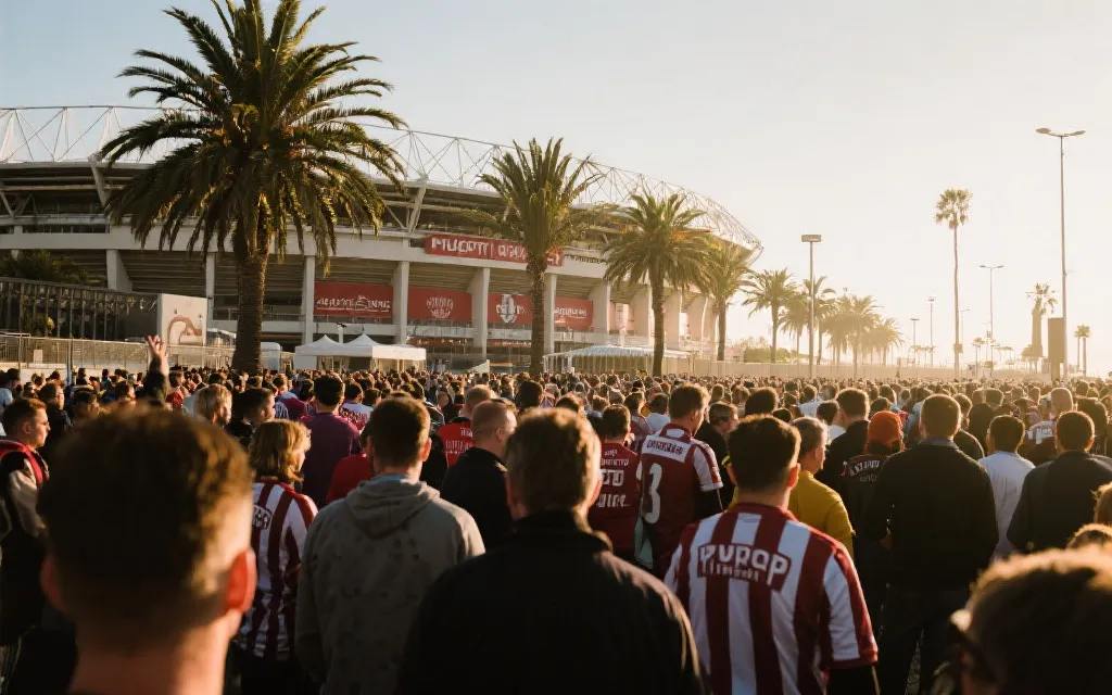 比赛日球迷在场馆外集结，手持围巾与旗帜，阳光与棕榈树下的节日氛围