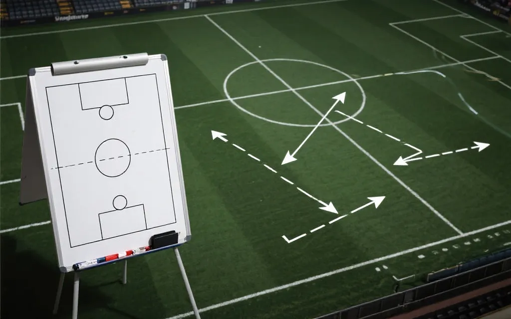 战术板与球场俯视构图，展示进攻路线与对位关系