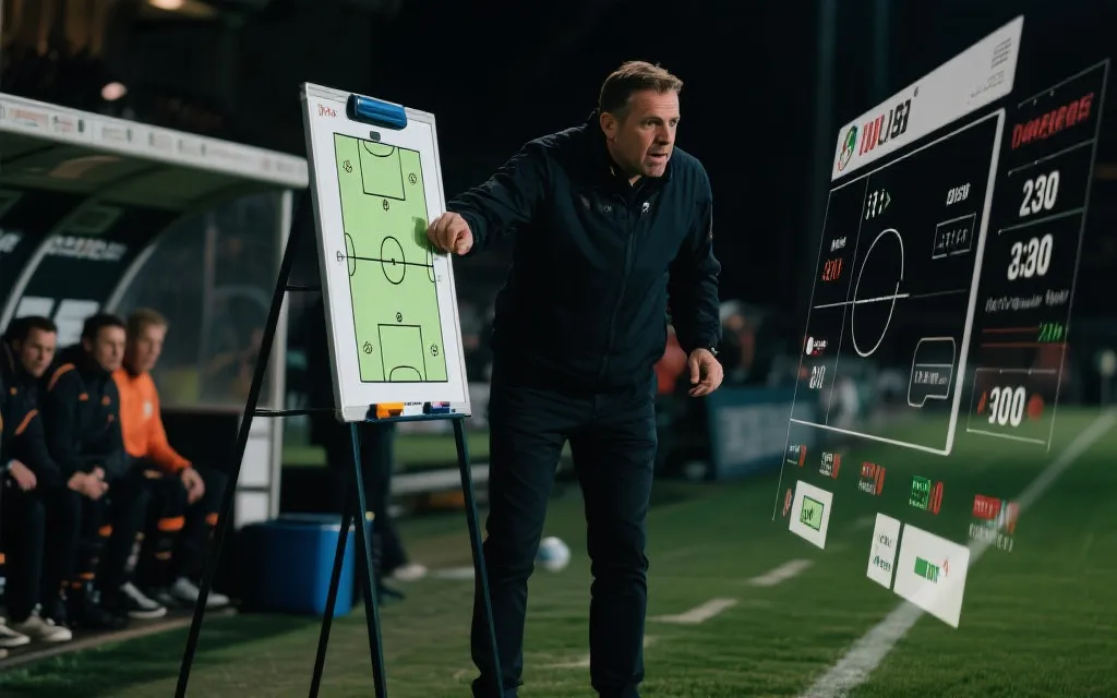 教练在场边指挥与数据面板叠加的意象，象征临场指挥与数据分析的碰撞