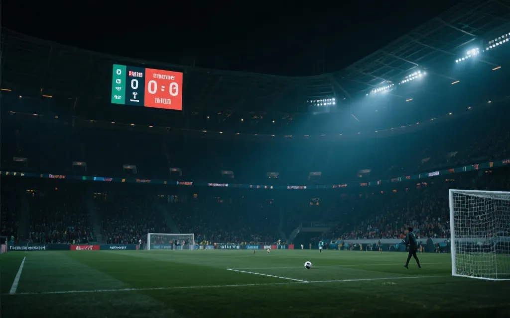 淘汰赛夜晚球场氛围，比分板与点球大战的紧张瞬间