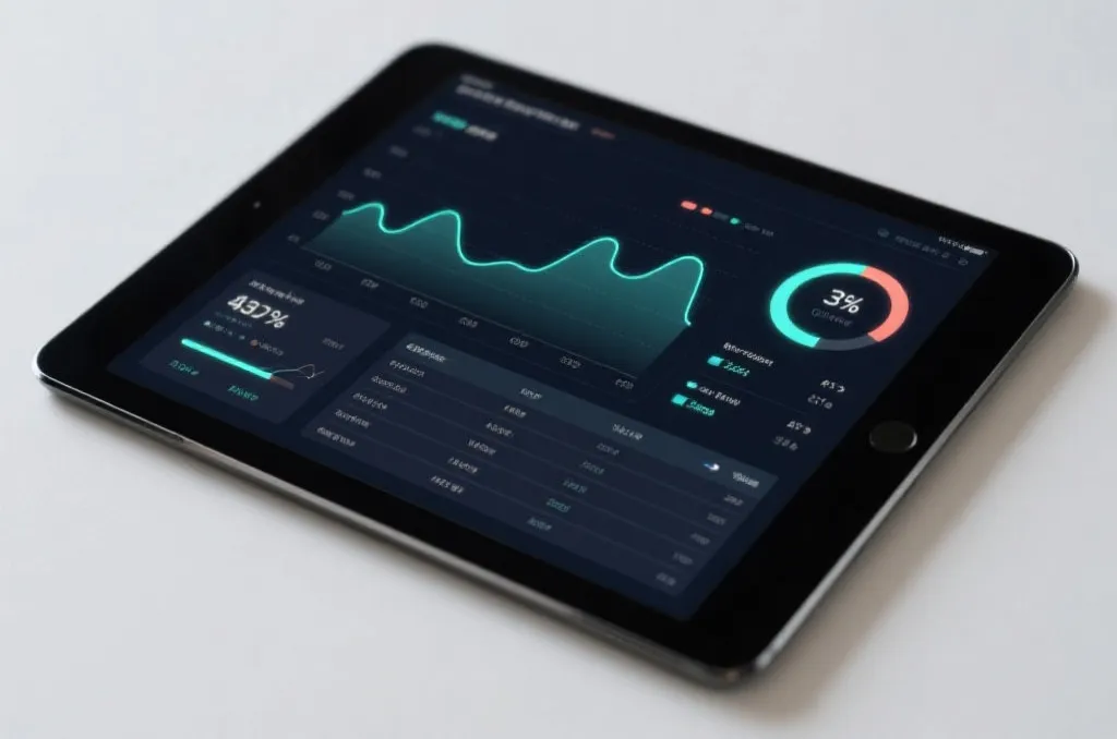 A sleek tablet displaying a clean sports analytics dashboard with glowing line charts, abstract percentage indicators, and data tables, neutral editorial style