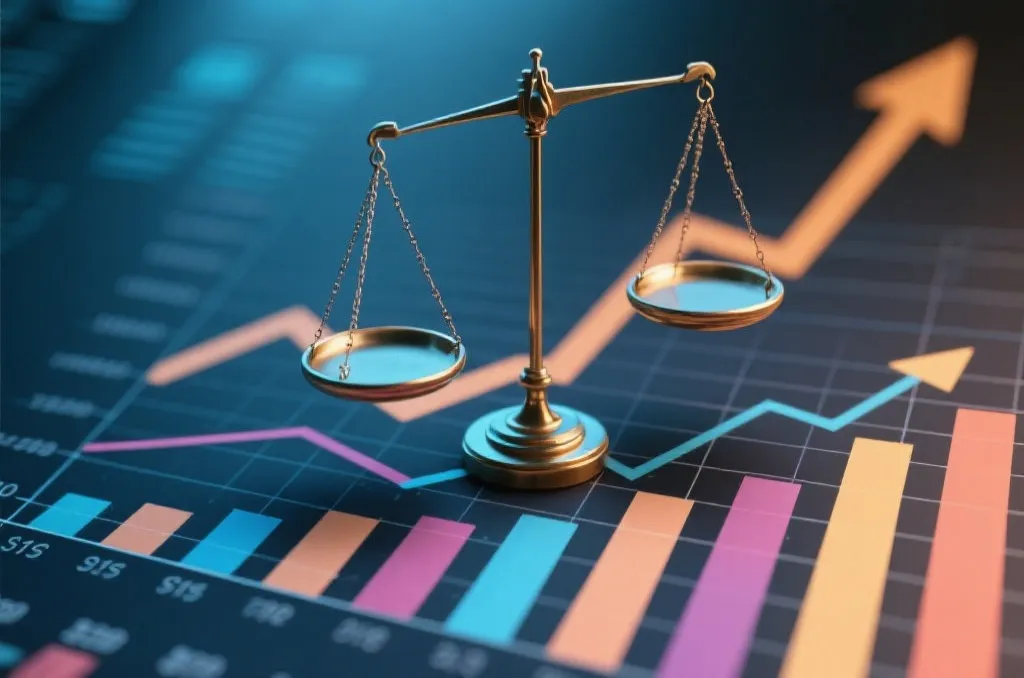 An abstract concept of a balance scale resting on top of growth charts, symbolizing risk management and balanced financial decisions.